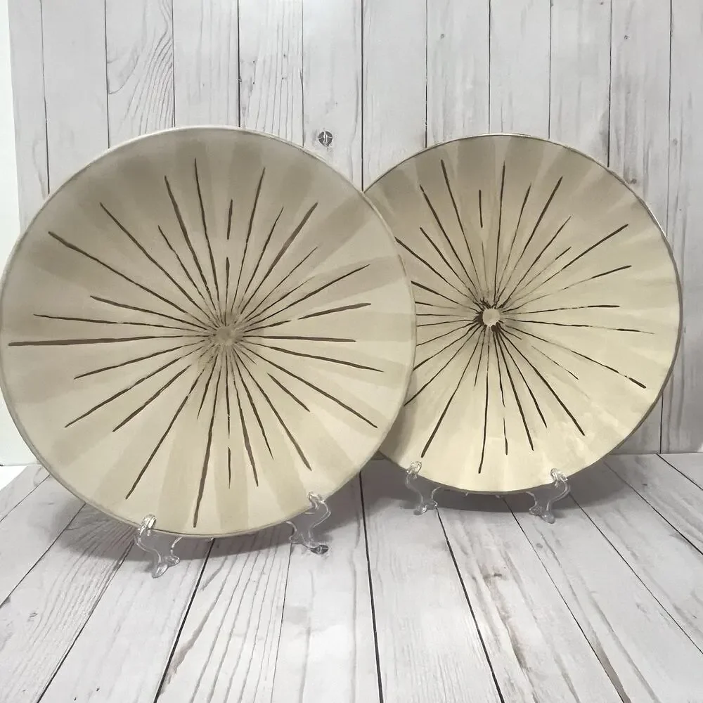 PIER 1 Sanctuary Stoneware 11.5” Dinner Plates Brown MCM Starburst - Set Of 2